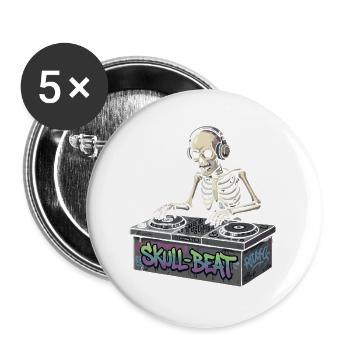 Skelettartiger DJ Skull Beat - Buttons groß 56 mm (5er Pack) - Weiß - Vorne