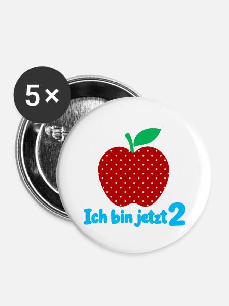Ich bin jetzt 2 mit Apfelmotiv - Buttons groß 56 mm (5er Pack) - Weiß