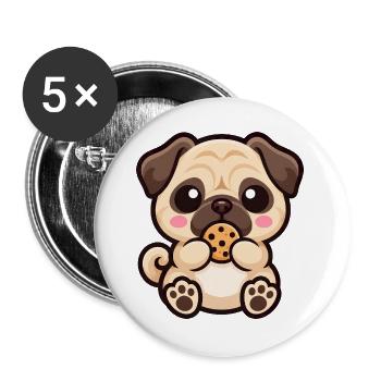 Mops Hund Keks Cartoon Kawaii Süßigkeit - Buttons groß 56 mm (5er Pack) - Weiß - Vorne