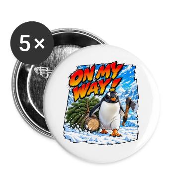 Bin unterwegs! Gentoo-Pinguin - Buttons groß 56 mm (5er Pack) - Weiß - Vorne