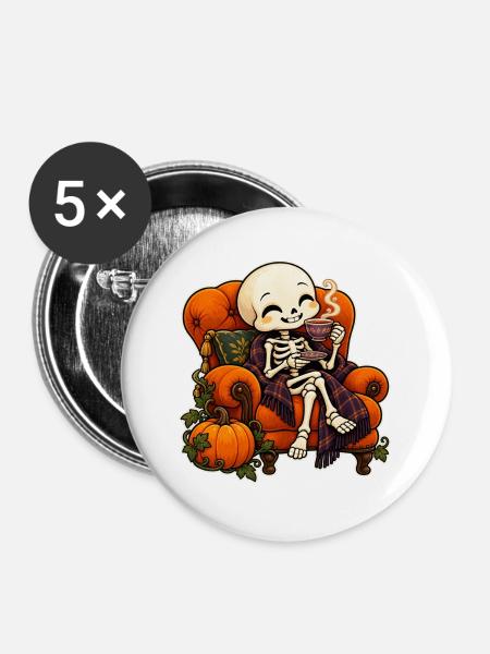 Friendly Skeleton Tea Time - Buttons groß 56 mm (5er Pack) - Weiß