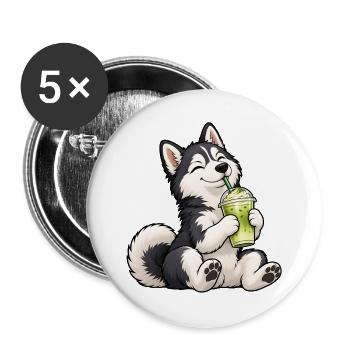 Husky mit Matcha Latte – Süßes Hundemotiv - Buttons groß 56 mm (5er Pack) - Weiß - Vorne