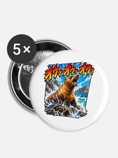 Seelöwe Ou Ou Ou - Buttons groß 56 mm (5er Pack) - Weiß