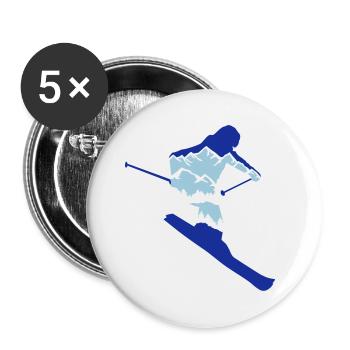 Skifahrer und Berg Silhouette - Skifahren, Ski - Buttons groß 56 mm (5er Pack) - Weiß - Vorne