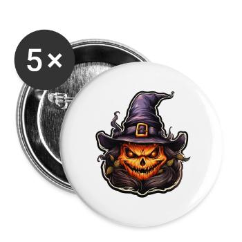 Kürbis mit Hexenhut Halloween - Buttons groß 56 mm (5er Pack) - Weiß - Vorne
