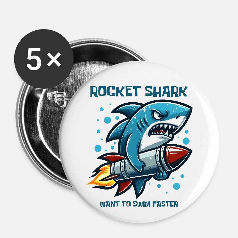 Rocket Shark Funny Animals - Buttons large 2.2''/56 mm (5-pack) - white