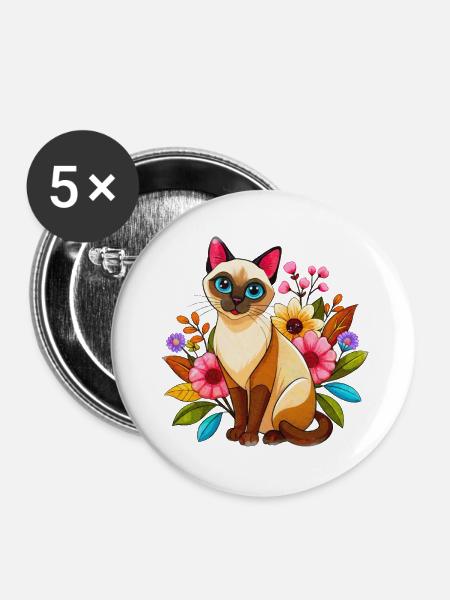 Siamkatze im Garten - Buttons groß 56 mm (5er Pack) - Weiß