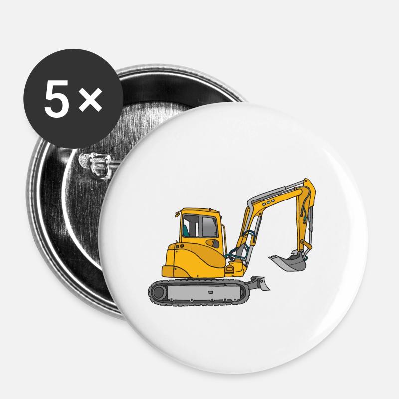 Yellow digger / excavators - Buttons large 2.2''/56 mm (5-pack) - white