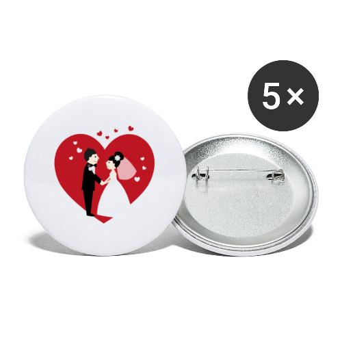 Hochzeitspaar im Comic Stil mit Rotem Herz - Buttons groß 56 mm (5er Pack)