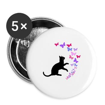 Schwarze Katze und bunte Schmetterlinge Design - Buttons groß 56 mm (5er Pack) - Weiß - Vorne
