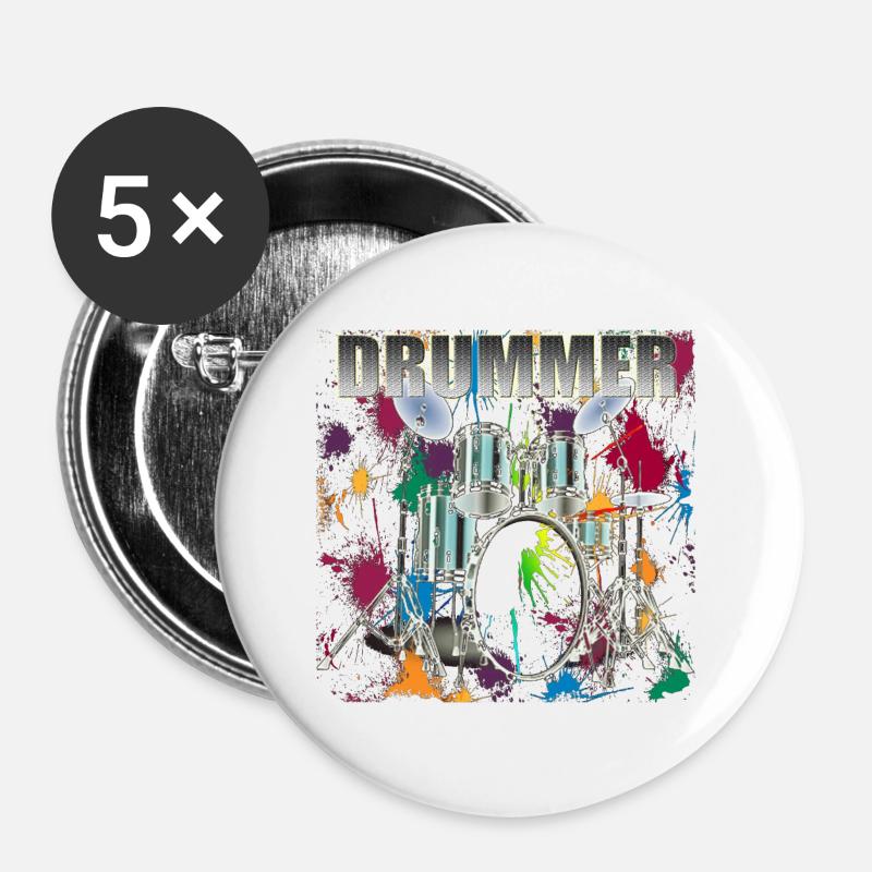 Drummer Art Design Silver Text - Buttons large 2.2''/56 mm (5-pack) - white