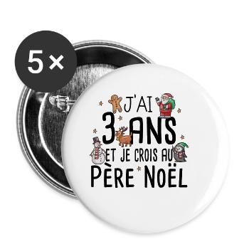 3 ans Père Noël Anniversaire Fille Garçon Fillette - Lot de 5 grands badges (56 mm) - blanc - Devant