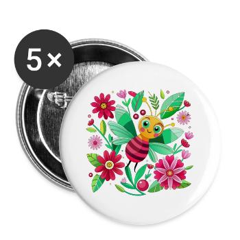 Cute bee among the flowers - Buttons large 2.2''/56 mm (5-pack) - white - Front