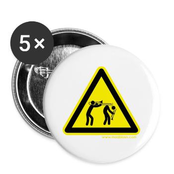 Gefahrenschild Posaune - Buttons groß 56 mm (5er Pack) - Weiß - Vorne