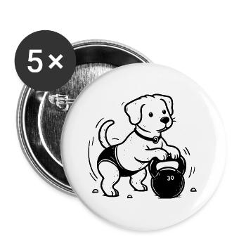 Kettlebell Hund Training Buddies Sport Geschenk - Buttons groß 56 mm (5er Pack) - Weiß - Vorne