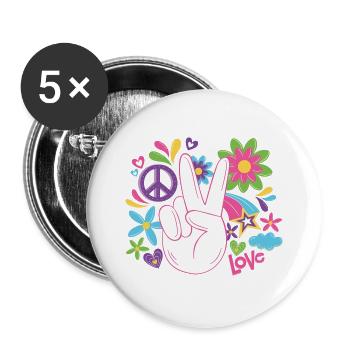 Peace Weltfrieden Flower Power Geschenk 70er Love - Buttons groß 56 mm (5er Pack) - Weiß - Vorne