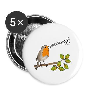 Singendes Rotkehlchen, Musiknoten - Buttons groß 56 mm (5er Pack) - Weiß - Vorne
