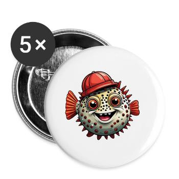 Drôle de poisson-globe avec casquette de baseball rouge - Lot de 5 grands badges (56 mm) - blanc - Devant