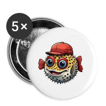 Drôle de poisson-globe avec casquette de baseball rouge - Lot de 5 grands badges (56 mm) - blanc - Devant
