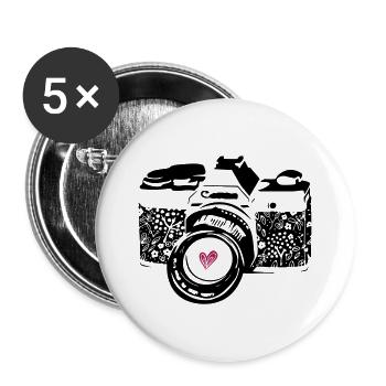 Appareil photo noir avec des fleurs - Lot de 5 grands badges (56 mm) - blanc - Devant