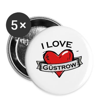Güstrow - Ich liebe Stadtnamen in Tattoo Stil - Buttons groß 56 mm (5er Pack) - Weiß - Vorne