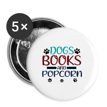 Hundebücher und Popcorn Fun Hundeliebhaber Geschenke - Buttons groß 56 mm (5er Pack) - Weiß - Vorne