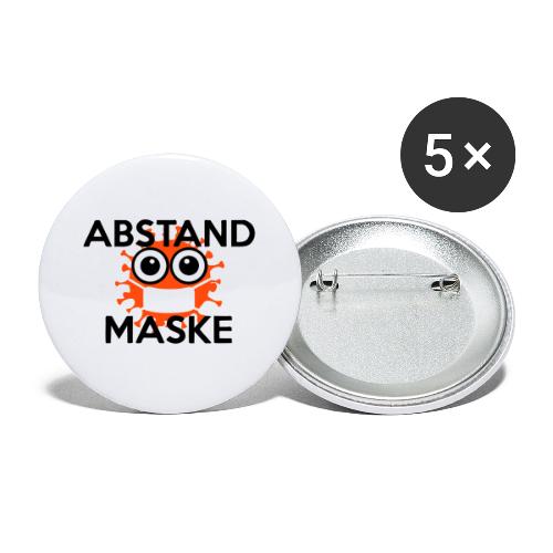 Mit Abstand und Maske gegen CORONA Virus - schwarz - Buttons groß 56 mm (5er Pack)