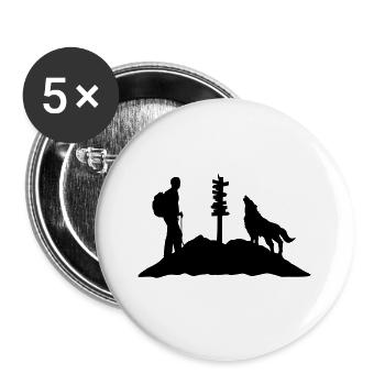 Wandern, Wanderer, Wolf und Berg - Buttons groß 56 mm (5er Pack) - Weiß - Vorne