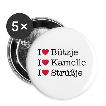 I LOVE Bützje Kamelle Strüßje - Kölner Karneval - Buttons groß 56 mm (5er Pack) - Weiß - Vorne