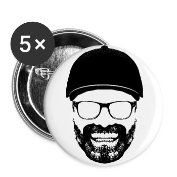 Lustiger Grinsemann Jürgen Cap Brille Bart Zähne - Buttons groß 56 mm (5er Pack) - Weiß - Vorne