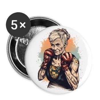 Coole Boxer Oma mit Boxhandschuhen - Buttons groß 56 mm (5er Pack) - Weiß - Vorne