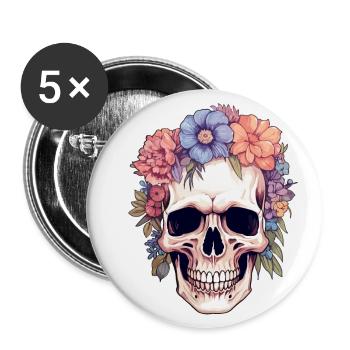 Human Skull & Flowers 14 - Buttons large 2.2''/56 mm (5-pack) - white - Front