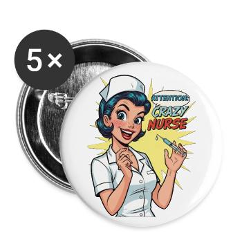 Lustige Retro Krankenschwester mit Spritze - Buttons groß 56 mm (5er Pack) - Weiß - Vorne