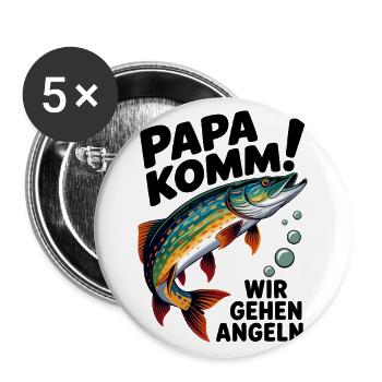 Papa komm wir gehen Angeln springender Hecht - Buttons groß 56 mm (5er Pack) - Weiß - Vorne