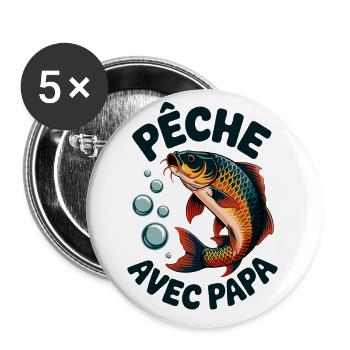 Pêche avec papa T-shirt de pêche pour enfants - Lot de 5 grands badges (56 mm) - blanc - Devant