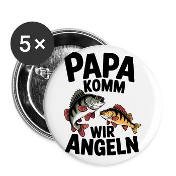 Papa komm wir angeln! Angelabenteuer mit Papa - Buttons groß 56 mm (5er Pack) - Weiß - Vorne