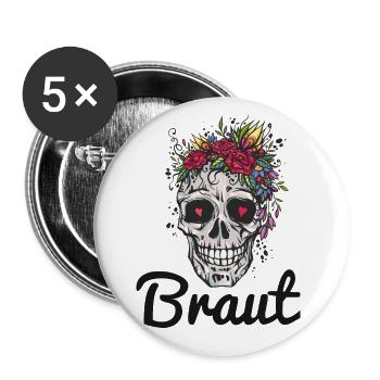 Braut JGA Frauen Totenkopf Tattoo Böse Cool Outfit - Buttons groß 56 mm (5er Pack) - Weiß - Vorne