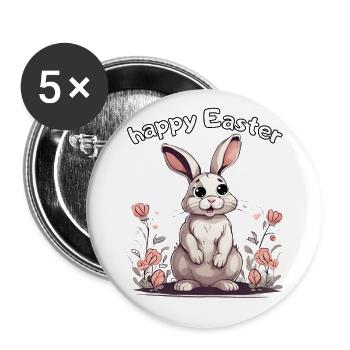 Joyeuses Pâques - petit lapin dans le champ de fleurs - Lot de 5 grands badges (56 mm) - blanc - Devant
