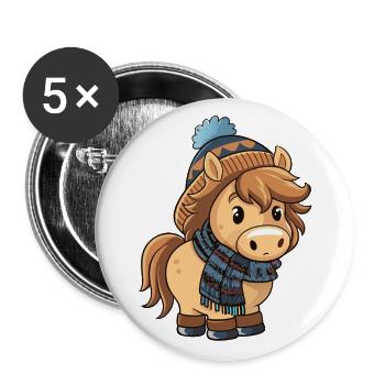 Niedliches Pony mit Schal und Pudelmütze. - Buttons groß 56 mm (5er Pack) - Weiß - Vorne