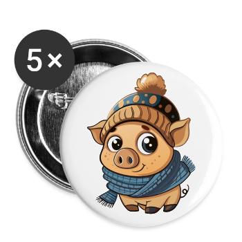 Niedliches Schweinchen mit Schal und Pudelmütze. - Buttons groß 56 mm (5er Pack) - Weiß - Vorne