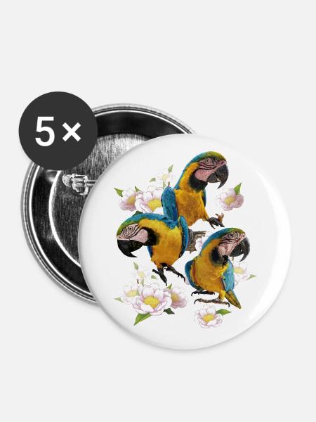 Der blau-gelbe Ara - Buttons groß 56 mm (5er Pack) - Weiß