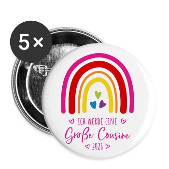 Große Cousine 2026 Regenbogen - Buttons groß 56 mm (5er Pack) - Weiß - Vorne