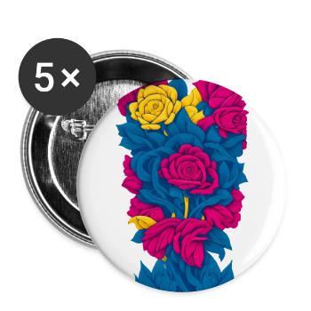 Blumen (blau, rot, gelb) - Buttons groß 56 mm (5er Pack) - Weiß - Vorne