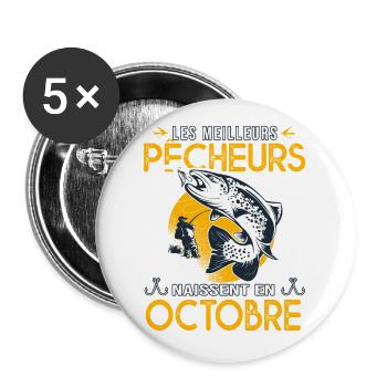 pêcheur Anniversaire Octobre cadeau pêche pecheur - Lot de 5 grands badges (56 mm) - blanc - Devant