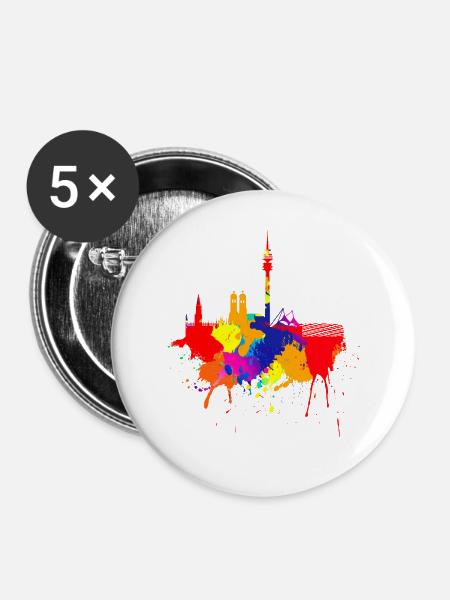 München Skyline Bunte Farben Malerei Bayern Fan - Buttons groß 56 mm (5er Pack) - Weiß