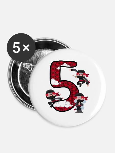 5. Geburtstag Junge Ninja 5 Jahre Ninja Kostüm - Buttons groß 56 mm (5er Pack) - Weiß
