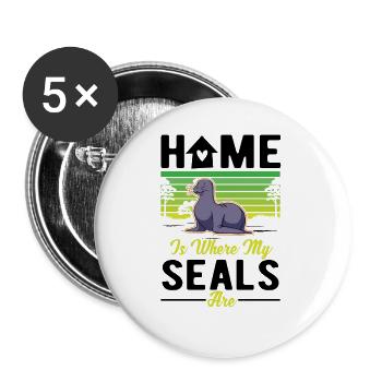 La maison est l’endroit où mes phoques sont des phoques lions de mer - Lot de 5 grands badges (56 mm) - blanc - Devant