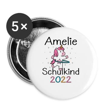 Einschulung 2022 Amelie Einhorn Erstklässler 2022 - Buttons groß 56 mm (5er Pack) - Weiß - Vorne