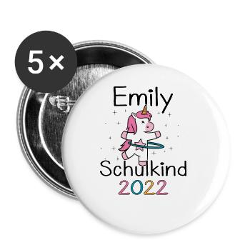 Einschulung 2022 Emily Einhorn Erstklässler 2022 - Buttons groß 56 mm (5er Pack) - Weiß - Vorne