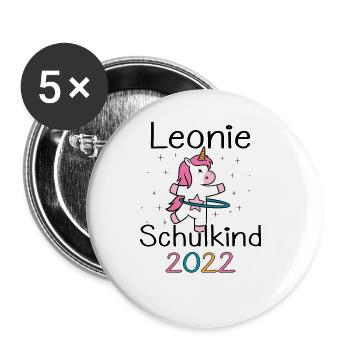 Einschulung 2022 Leonie Einhorn Erstklässler 2022 - Buttons groß 56 mm (5er Pack) - Weiß - Vorne